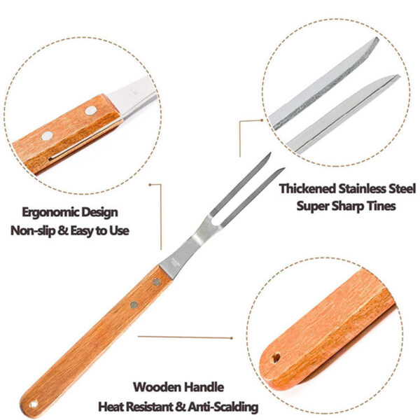 木製ハンドル付き13インチステンレスBBQカービングフォーク (3) 木製ハンドル付き13インチステンレスBBQカービングフォーク (3)
