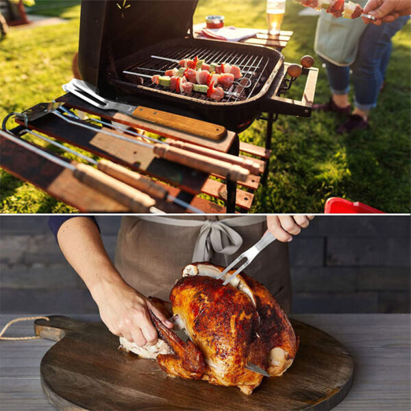 木製ハンドル付き13インチステンレスBBQカービングフォーク (5) 木製ハンドル付き13インチステンレスBBQカービングフォーク (5)
