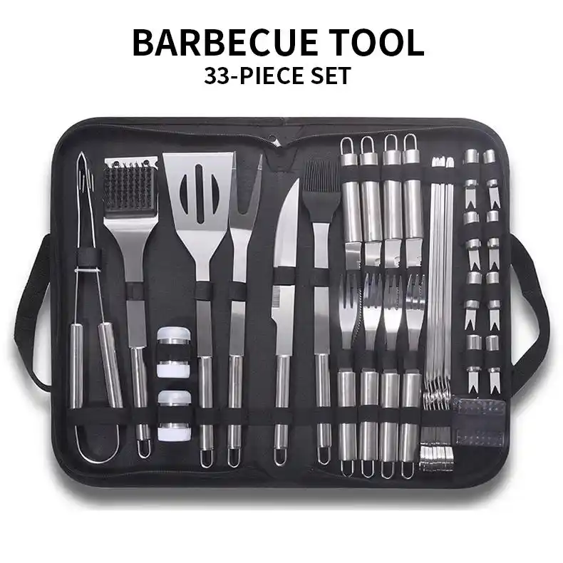 33-delige roestvrijstalen BBQ-gereedschapsset met Oxford-tas (1) 33-delige roestvrijstalen BBQ-gereedschapset met Oxford-tas