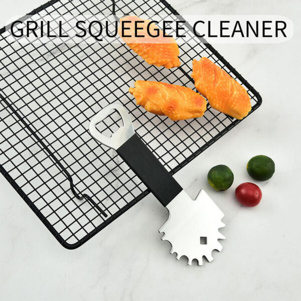 Borstelvrije roestvrijstalen grillschraper met leren handvat (6) Borstelvrije roestvrijstalen grillschraper met leren handvat (6)