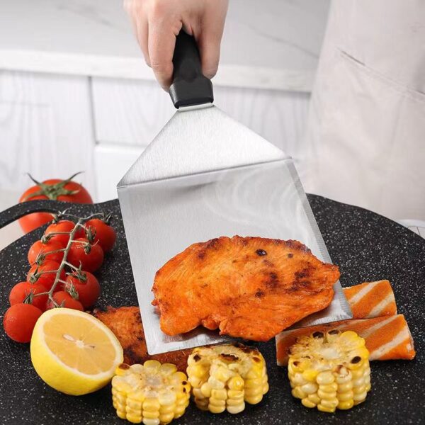 Zware roestvrijstalen hamburger spatel met plastic handvat voor (4) Zware roestvrijstalen hamburger spatel met plastic handvat voor (4)