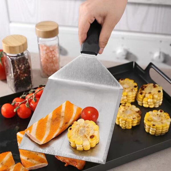 Zware roestvrijstalen hamburger spatel met plastic handvat voor (5) Zware roestvrijstalen hamburger spatel met plastic handvat voor (5)