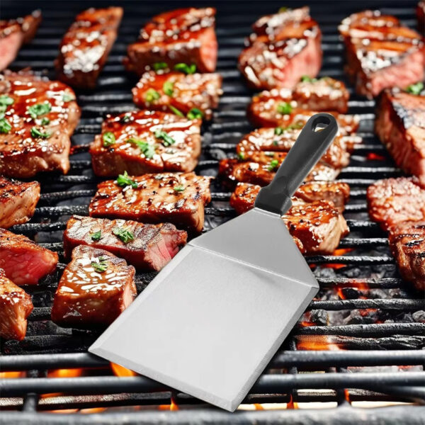 Zware roestvrijstalen hamburger spatel met plastic handvat voor (6) Zware roestvrijstalen hamburger spatel met plastic handvat voor (6)