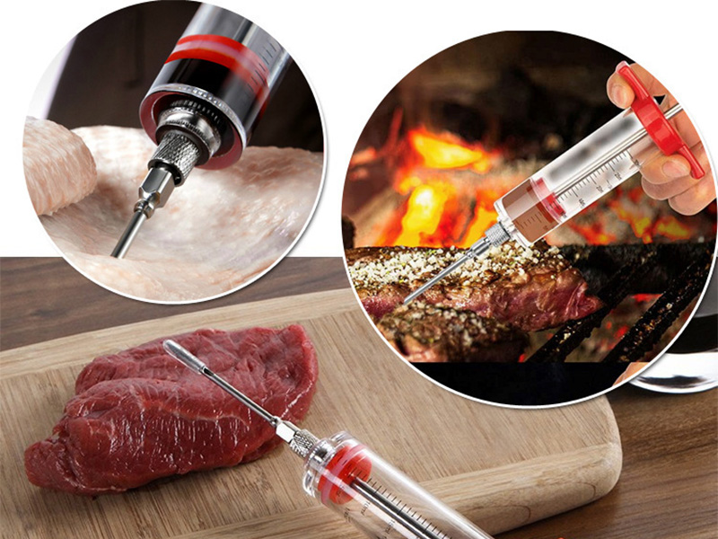 Grill Injector injecting marinade into a pork shoulder on a BBQ grill